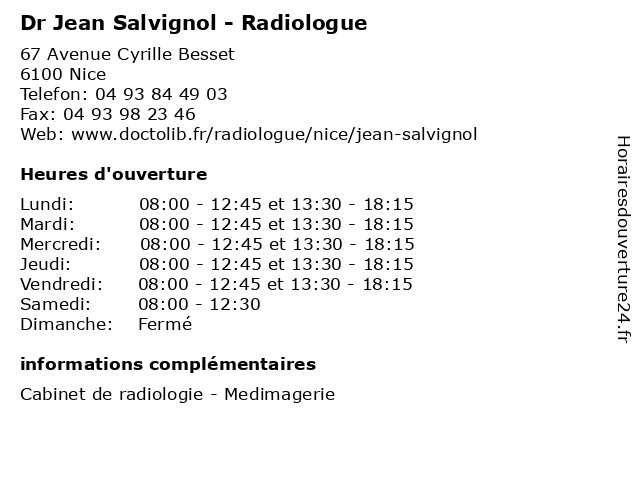 Horaires d ouverture Dr Jean Salvignol Radiologue 67